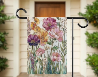 Bandera de jardín con vitrales y flores silvestres: decoración de jardín botánico, arte con vitrales artificiales, bandera de porche, decoración de exteriores, pancarta de temporada