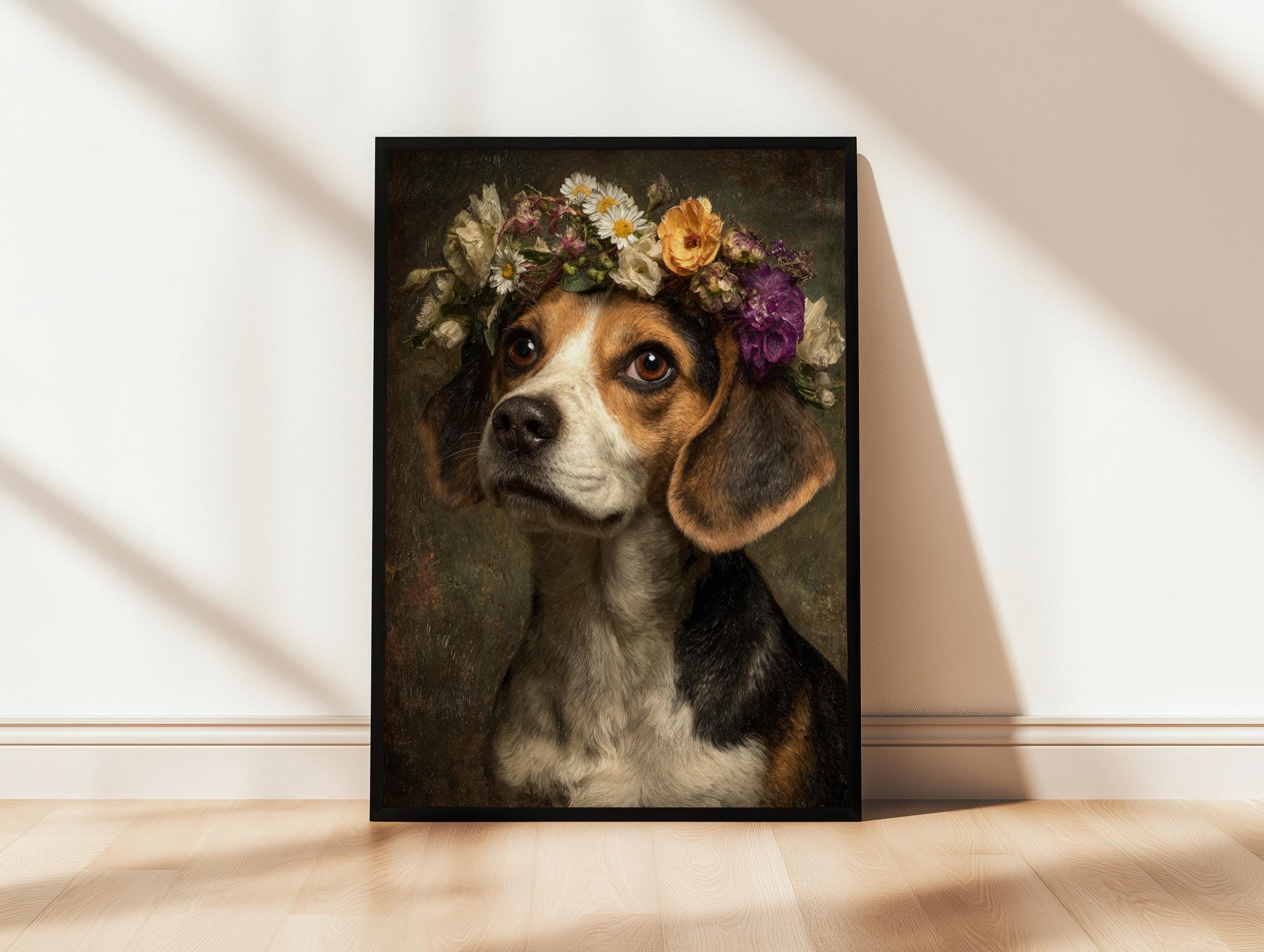Antique Beagle Portrait With Floral Crown - Victorian Style