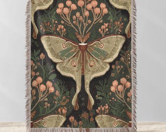 Vintage Butterfly Moth Woven Blanket, Moth Cottagecore Tapestry Throw, Witchy Home Decor, Moth Dark Academia Bed Cover, Insect Lover Gift