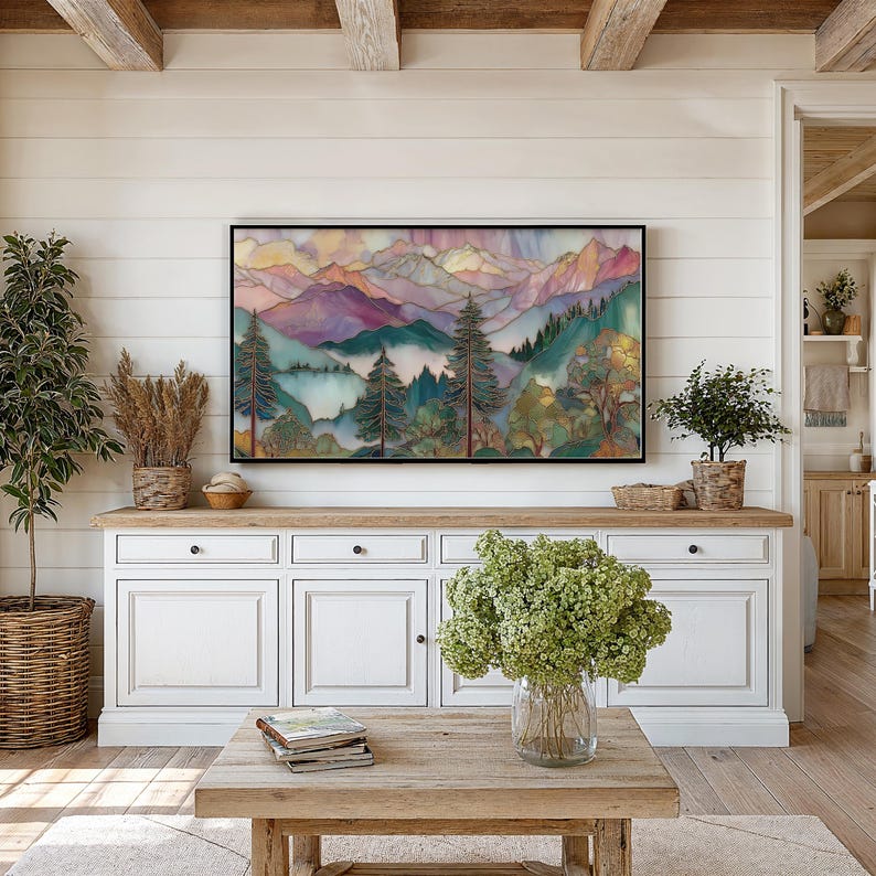 Serene nature-inspired TV art for home office — vibrant stained-glass mountains and reflective lake create a tranquil atmosphere.