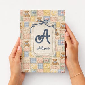 Personalized Quilted Baby Shower Guest Book, Heirloom Faux Patchwork Teddy Bear Journal, Custom Baby Name Memory Book, Baby Shower Keepsake