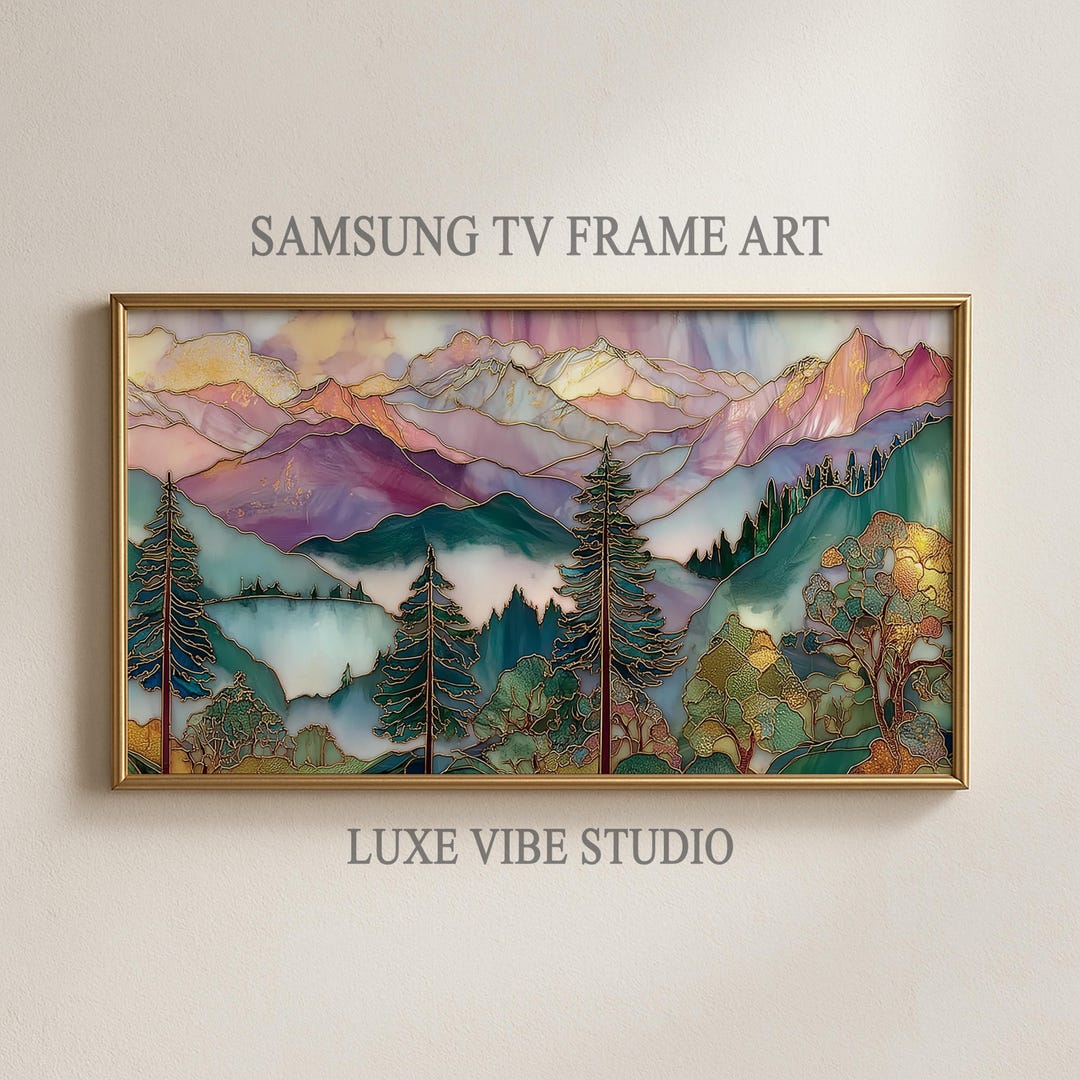 Scenic Stained Glass Mountain Landscape, Samsung TV Frame Art, Olympic National Park, Rust