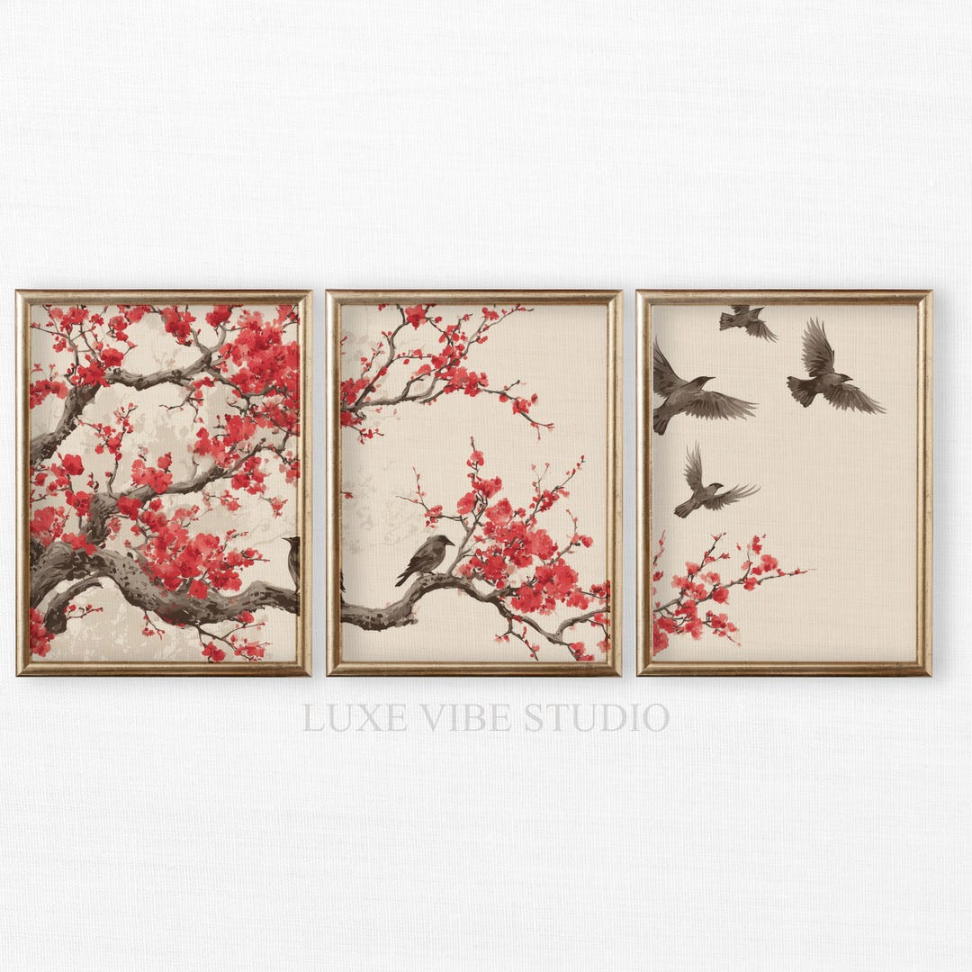 Vintage Asian Botanical Triptych Wall Art, Set of 3 With Red Plum ...