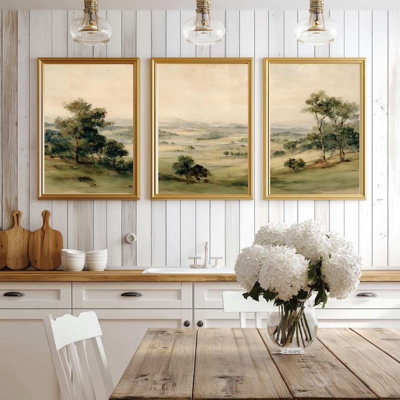 Three print gallery set for tranquil bedrooms — harmonious landscape art inspired by nature, perfect for unwinding and relaxing.