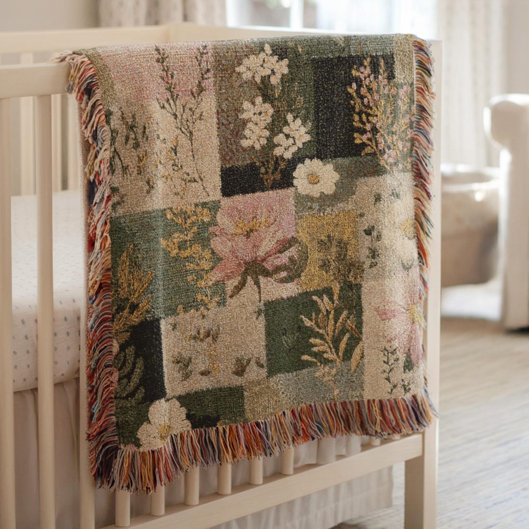 Shabby Chic Floral Woven Tapestry Blanket, Botanical Cotton Throw