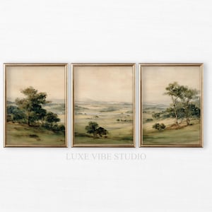 Coordinated three-piece art prints for office spaces — vintage-inspired landscapes that promote relaxation and focus in soothing colors.