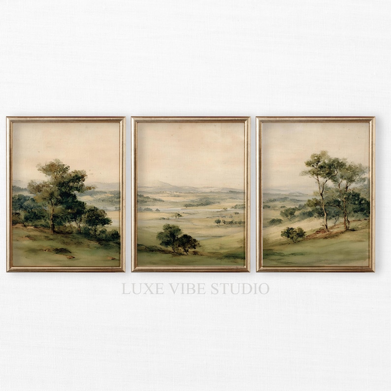 Coordinated three-piece art prints for office spaces — vintage-inspired landscapes that promote relaxation and focus in soothing colors.