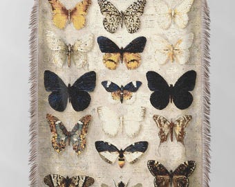 Manta tejida vintage con mariposa y polilla, tapiz estilo cottagecore con polillas, decoración de brujas para el hogar, cubrecama Moth Light Academia, regalo para amantes de los insectos