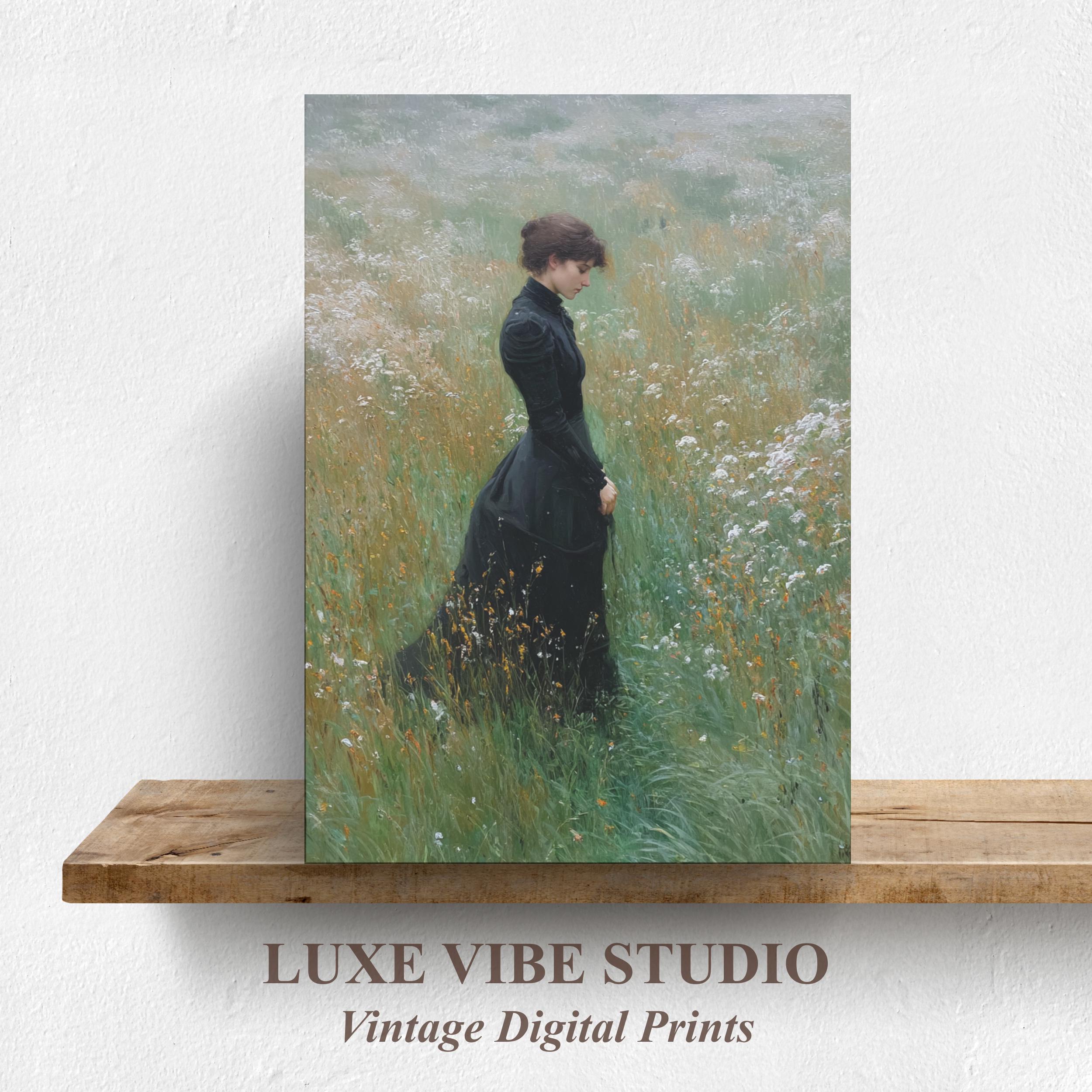 Vintage Solitary Woman in Black Dress - Moody Romantic Field Portrait, Classic Realistic Painting, Printable Art, Instant Download 1119