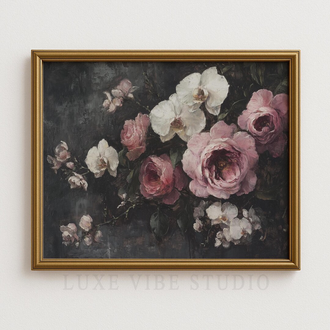 Moody Floral Still Life Printable - Vintage Roses Art Print, Pink and ...