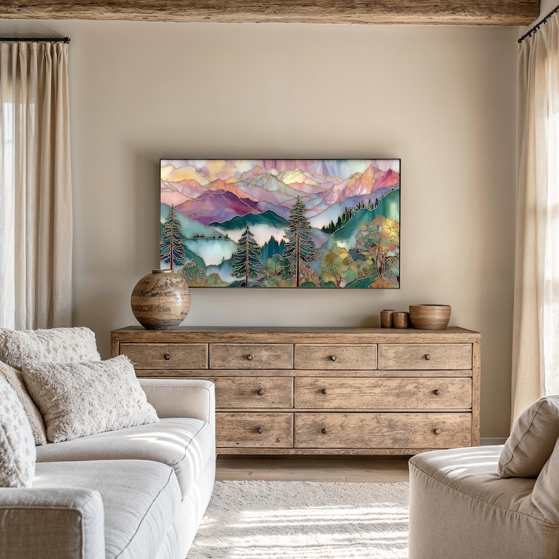 Colorful stained-glass mountain painting for dining room — fresh nature-inspired design highlighting depth and sunlight.