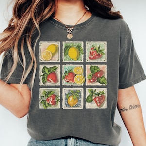Vintage Strawberry Lemon Shirt Fruit Stamp Comfort Colors Tee Retro Botanical Graphic TShirt, Summer Farmers Market Shirt Cottagecore Garden