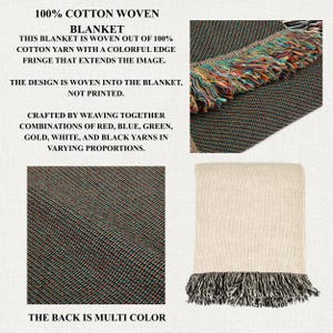 May include: A woven cotton blanket with a colorful fringe. The blanket is made of red, blue, green, gold, white, and black yarns. The design is woven into the blanket, not printed. The back is multi-color.