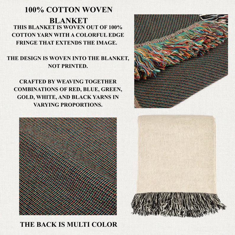May include: A woven cotton blanket with a colorful fringe. The blanket is made of red, blue, green, gold, white, and black yarns. The design is woven into the blanket, not printed. The back is multi-color.