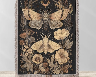 Vintage Botanical Moth Woven Blanket, William Morris Inspired Dark Academia Moth Throw Blanket, Witchy Goth Wall Tapestry, Blanket Xmas Gift