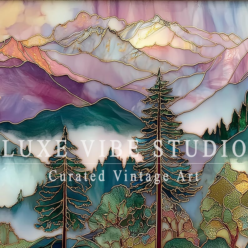 Mountain landscape Samsung Frame TV art for living room — colorful stained-glass design with serene jewel tones and evergreen trees.