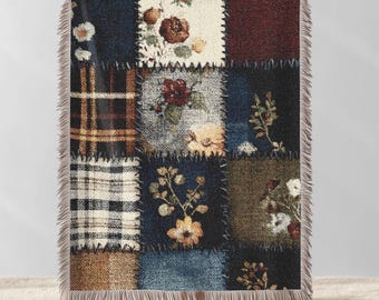 Farmhouse Patchwork Autumn Woven Blanket, Autumn Cottagecore Wall Tapestry, Reading Nook Throw Grandmillenial patchwork Farmhouse decor