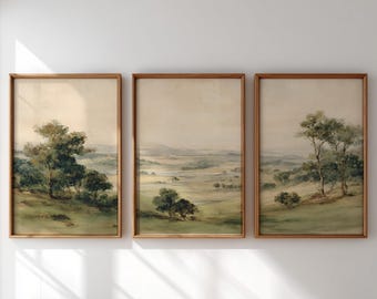 Vintage pastoral triptyk väggkonst set med 3, fridfull lantlig inredning, lugnande neutrala landskapstryck, 3-delad akvarellkonst nedladdning 110