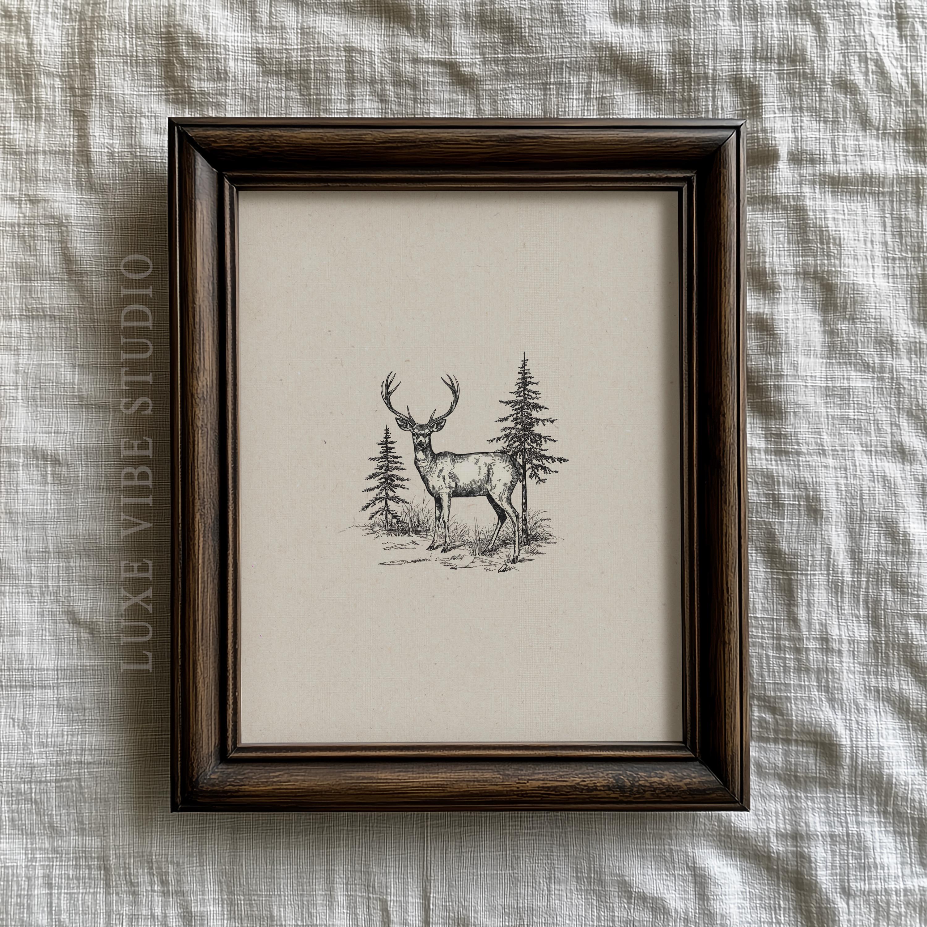 Rustic Woodland Stag Illustration - Vintage Farmhouse Decor, Antique ...