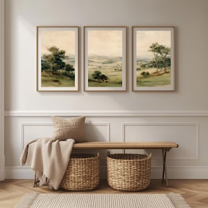 Serene countryside wall decor for personal retreats — unified watercolor landscapes in earthy tones that evoke calmness and clarity.