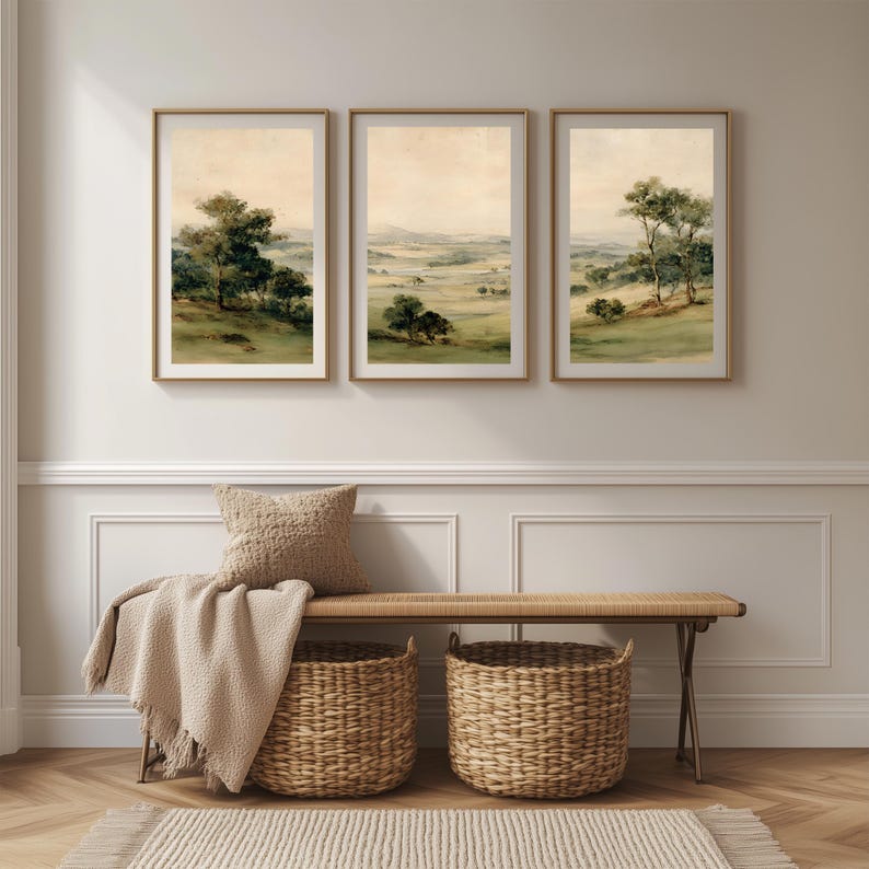Serene countryside wall decor for personal retreats — unified watercolor landscapes in earthy tones that evoke calmness and clarity.
