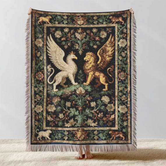 Griffin Woven Blanket, Medieval Gothic Tapestry Throw, Dark Academia Home Decor, Cotton Mythical Heraldic Art