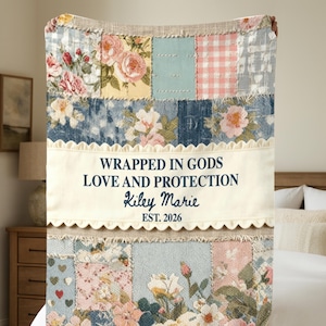 Christian Baby Girl Fleece Blanket, Wrapped in Gods Love Personalized Name Throw, Floral Patchwork Nursery Gift, Baptism Dedication Keepsake
