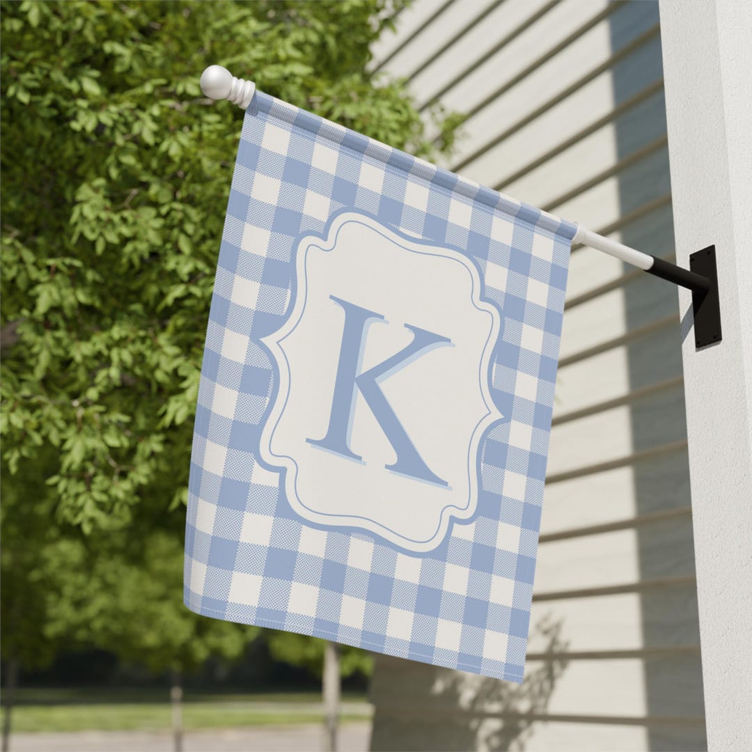 Personalized Monogram Garden Flag, Blue Gingham Flag Grand Millenial Home Decor, Custom Family Name Porch Decor Welcome Garden Gift Flag - 24.5'' × 32''