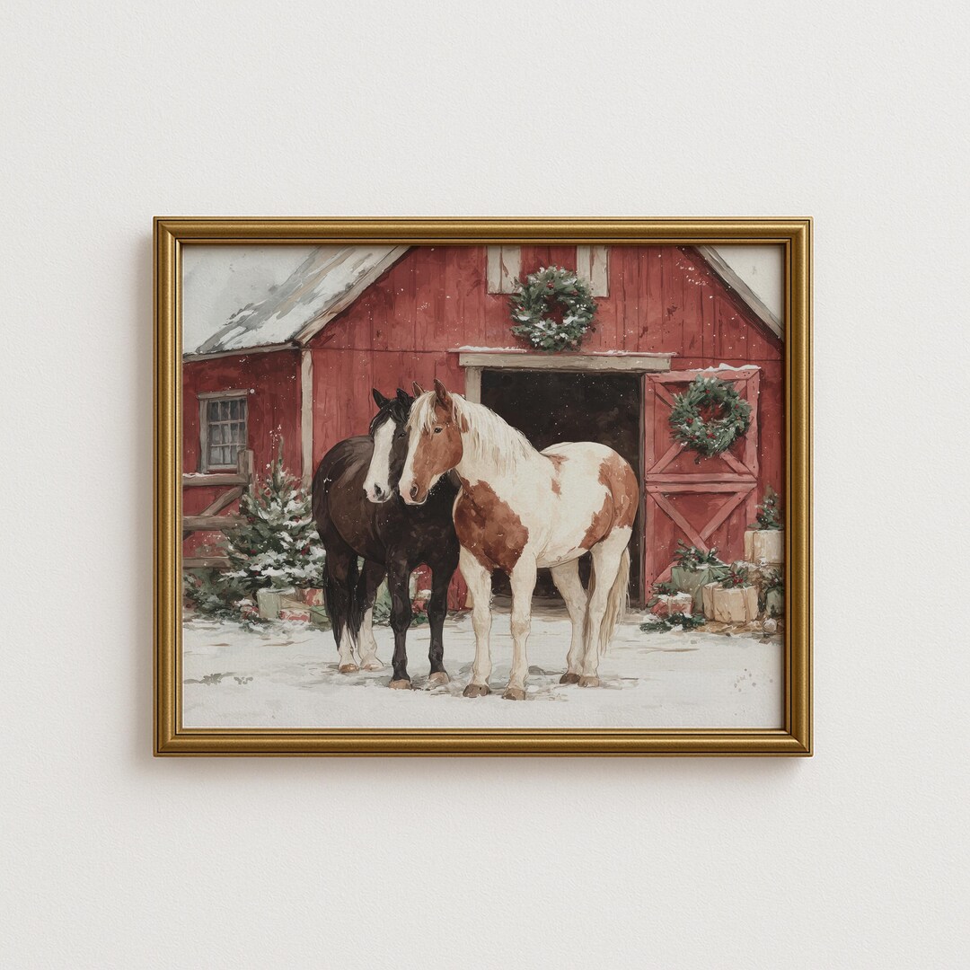 Printable Christmas Barn Scene - Horses in Snow, Rustic Winter ...