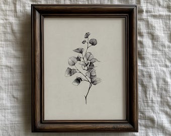 Croquis de branche d'eucalyptus vintage - Art minimaliste en noir et blanc, botanique rustique imprimable, décoration campagnarde française neutre, numérique 328