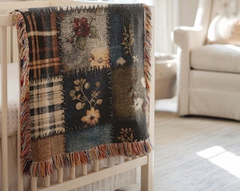 Farmhouse Patchwork Autumn Woven Blanket, Autumn Cottagecore Wall Tapestry, Baby Woven Throw Grandmillenial patchwork Farmhouse decor