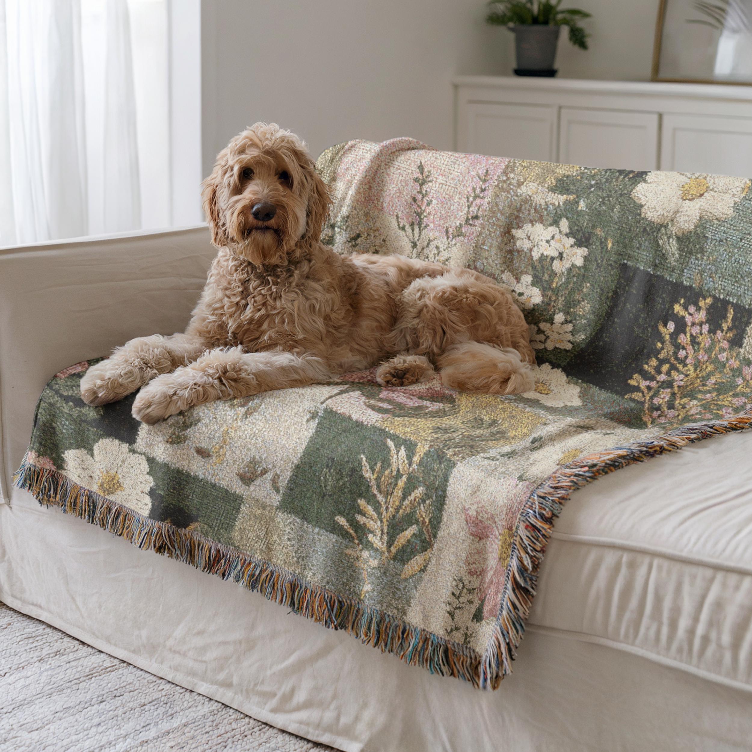 Shabby Chic Floral Woven Tapestry Blanket, Botanical Cotton Throw