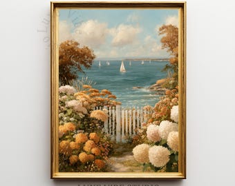 Fall Coastal Landscape Painting - Vintage Pastel Aesthetic, Seaside Sailboat View, Rustic Cottagecore Wall Art, Printable Decor 224
