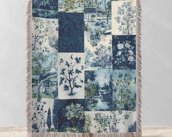 Toile de Jouy Faux gesteppte gewebte Decke | Blauer Gobelin aus Baumwolle