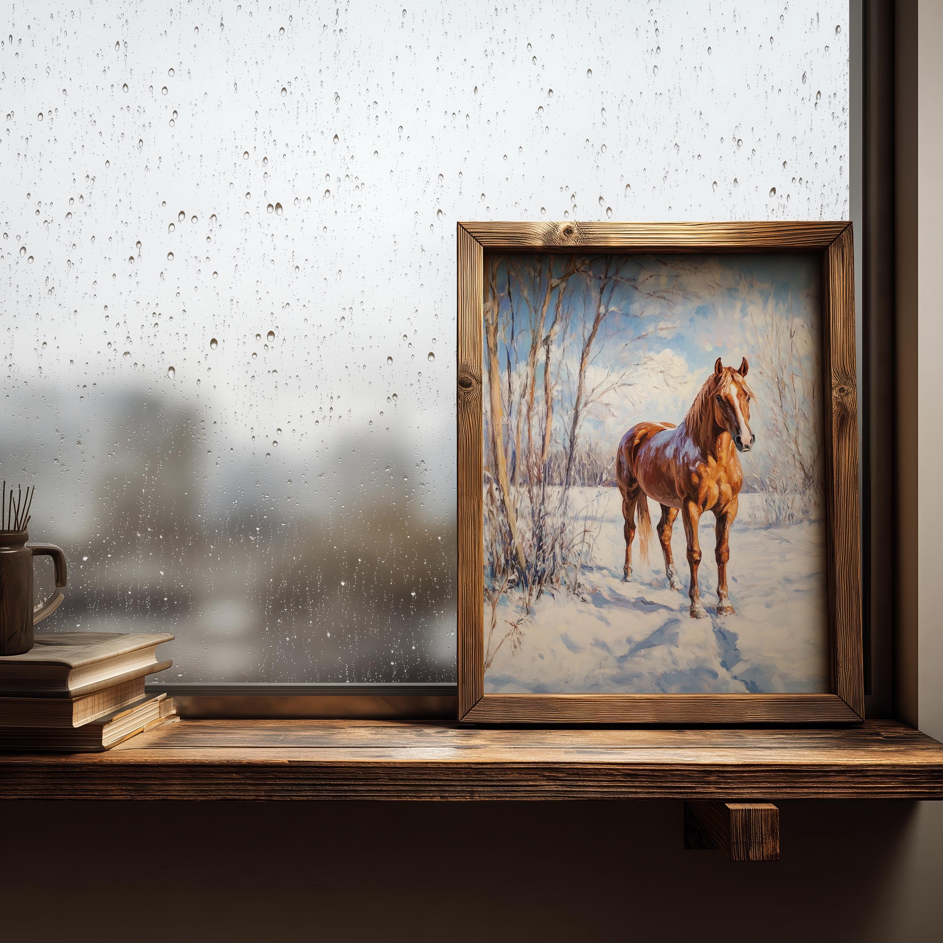 Vintage Oil Painting of a Chestnut Horse in Snow - Rustic Winter