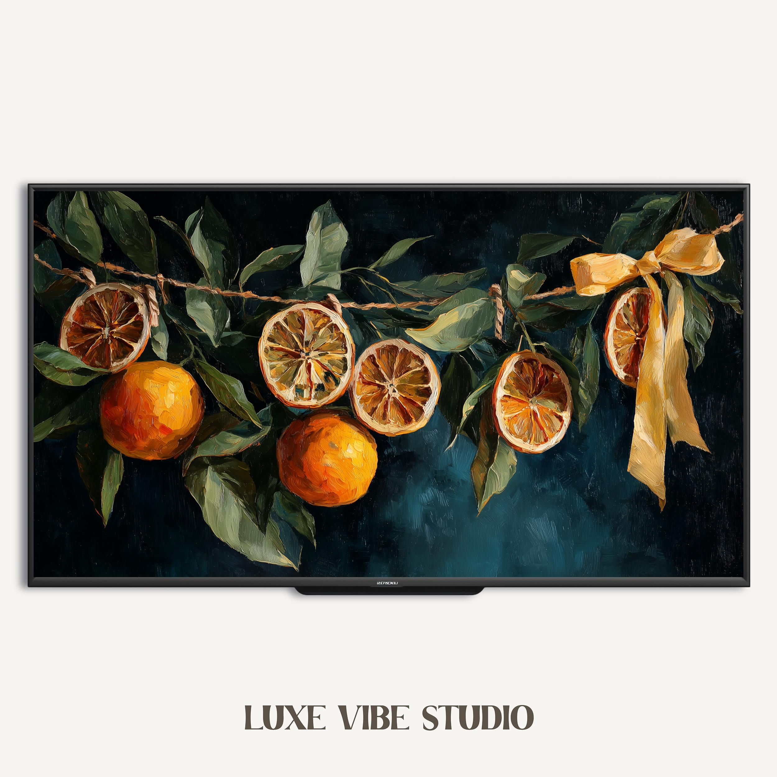 Rustic Farmhouse Citrus Garland TV Art, Realistic Oranges Painting
