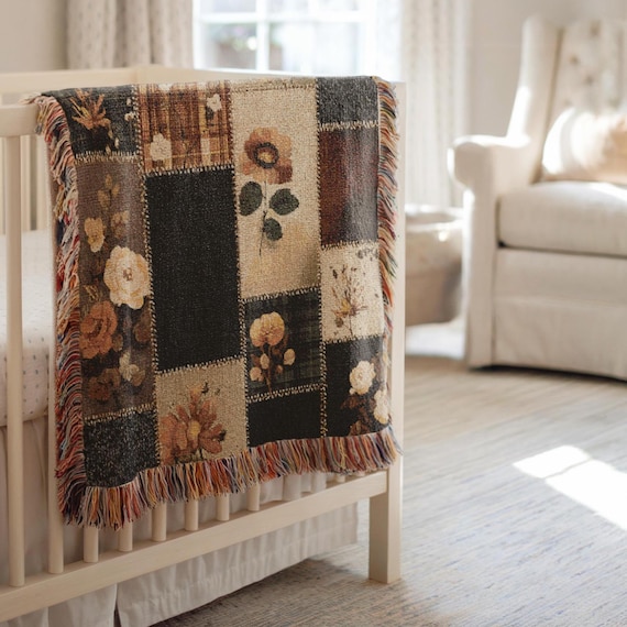 Fall Cozy Patchwork Autumn Woven Blanket, Autumn Cottagecore Wall