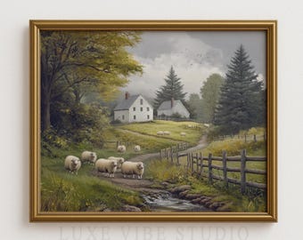 Sheep Grazing in Pastoral Countryside - Printable Rustic Landscape Art, Cozy Cottagecore Decor, Earthy Wall Art, Digital Download 99