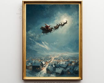 May include: A framed print depicts Santa Claus in a sleigh pulled by reindeer, flying over a snow-covered town at night. The artwork has a vintage style with a gold frame and a winter theme.