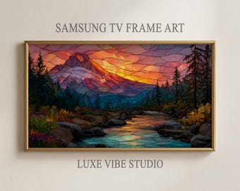 Mountain Sunrise Rustic Samsung TV Frame Art, Stained-Glass Style, Scenic Nature Landscape, Digital Download, TV Frame Art 133