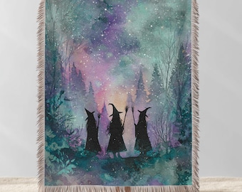 Witchy Woven Cotton Throw Cute Witch Blanket Fairytale Tapestry Gothic Magic Woven Throw Witchcraft Gift for Goths Dark Aesthetic Decor