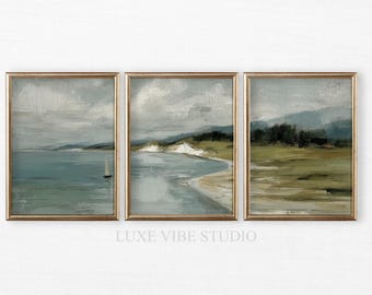 Juego de 3 trípticos costeros para pared, impresiones playeras neutras, decoración moderna de estilo rústico, impresiones descargables con un mar sereno, arte oceánico 79
