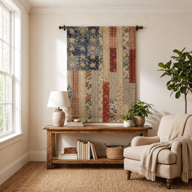 Patriotic Woven Tapestry Wall Hanging, Americana Flag Decor, Farmhouse Wall Art, Vintage USA Tapestry, July 4th Decor image 1