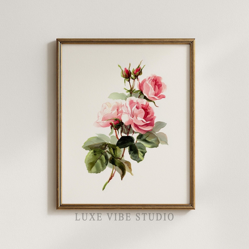 Vintage Pink Roses Watercolor Painting - Romantic Cottagecore Wall Art ...