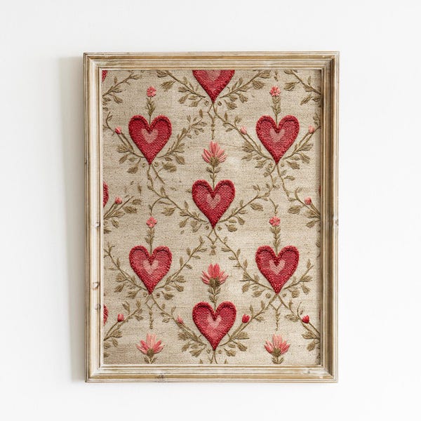 Vintage Folk Art Hearts Pattern on Linen - Valentine Printable Art, Rustic Farmhouse Wall Decor, Cottagecore Digital Download 1438