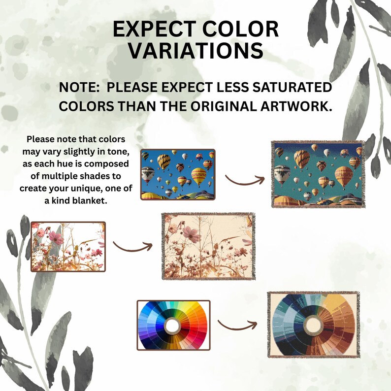 Puede incluir: Imagen que muestra ejemplos de variaciones de color en mantas. El texto dice "ESPERE VARIACIONES DE COLOR" y "NOTA: ESPERE COLORES MENOS SATURADOS QUE LA OBRA DE ARTE ORIGINAL". Los ejemplos incluyen dise&ntilde;os de globos aerost&aacute;ticos y florales.