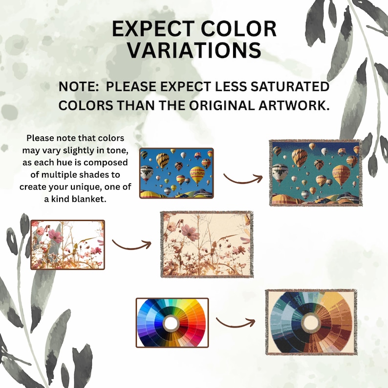 May include: Image showing examples of color variations in blankets. The text reads: "EXPECT COLOR VARIATIONS" and "NOTE: PLEASE EXPECT LESS SATURATED COLORS THAN THE ORIGINAL ARTWORK." The image shows examples of blankets with different color schemes.