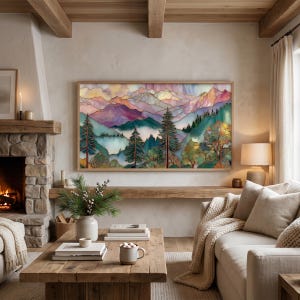 Dramatic mountain peaks digital art for lounge area — luminous layered landscape with watercolor textures and gold accents.