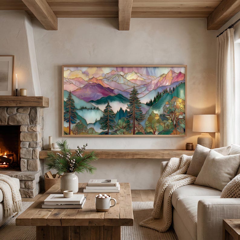 Dramatic mountain peaks digital art for lounge area — luminous layered landscape with watercolor textures and gold accents.