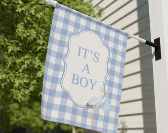 It's a Boy Garden Flag, Blue Gingham Flag Grand Millenial Home Decor, New Baby Porch Decor Welcome Baby Garden Gift Flag